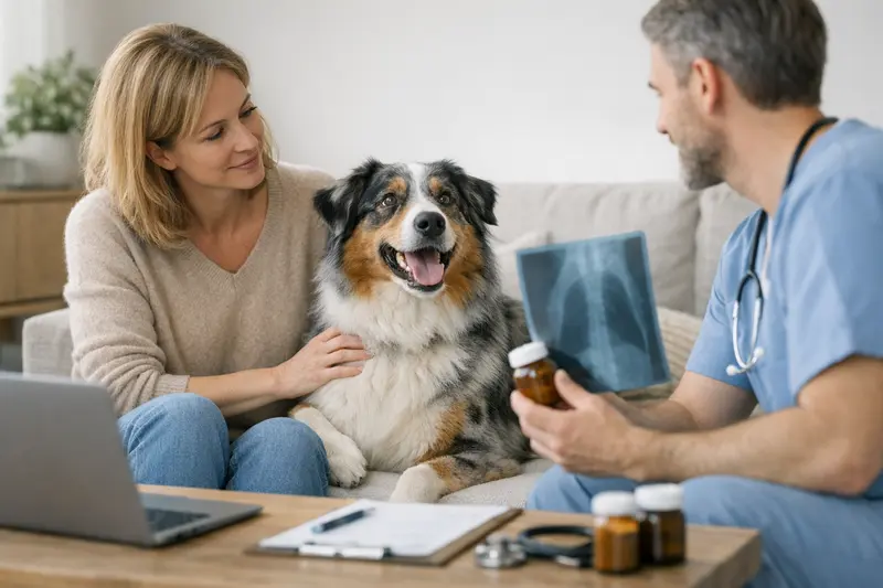 Ein aktiver Hund beim Tierarzt, der die Unterschiede zwischen OP-Versicherung und Vollschutz verdeutlicht.
