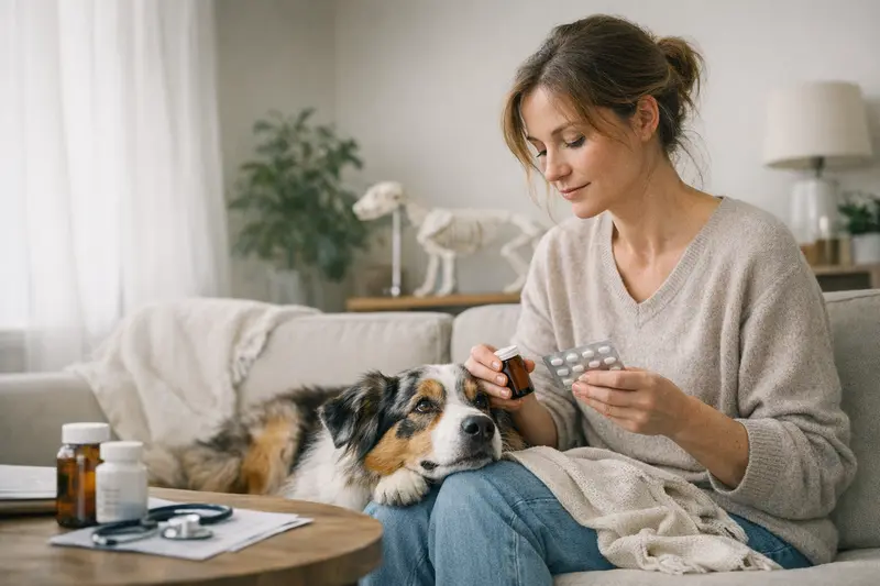 Tarifdetails Hunde-Krankenversicherung Hundehalter mit Australian Shepherd bei der Besprechung von Tarifdetails der Krankenversicherung.