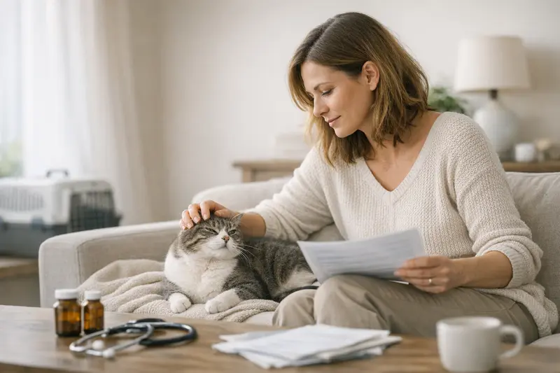 Eine Katze wird beim Tierarzt untersucht, um festzustellen, ob eine OP nötig ist.