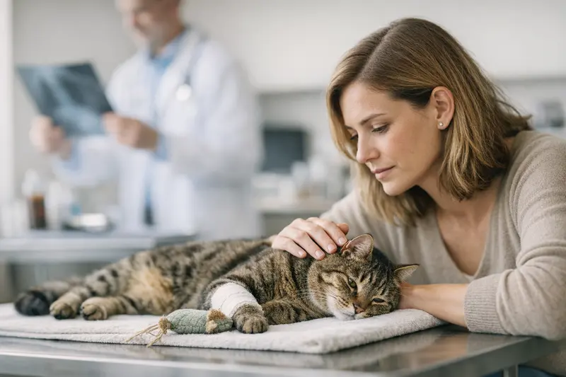 Katzenunfall Spielzeug Kosten Katzenspielzeug in der Nähe eines Verbands, symbolisiert mögliche Tierarztkosten nach einem Unfall.
