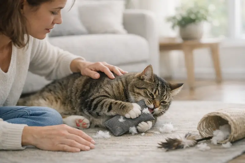 Katze spielt sicher mit Stoffkissen Eine Katze spielt mit einem Stoffkissen und zeigt dabei typische Spielverhalten.