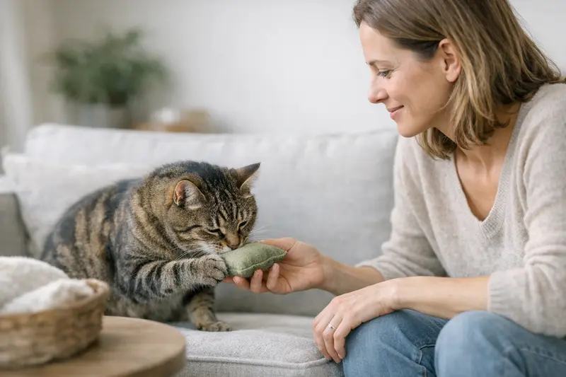 Katze spielt mit Baldriankissen Eine Katze spielt mit einem Baldriankissen, was das Interesse an diesem Spielzeug fördert.