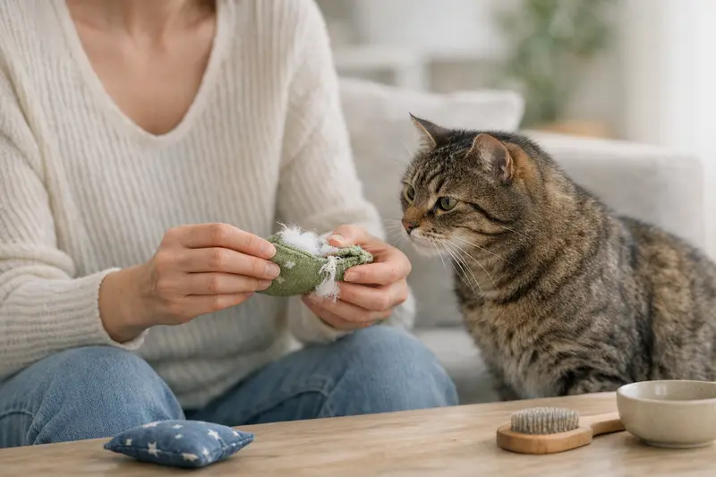 Baldriankissen für Katzen - Sicherheitsmerkmale Ein beschädigtes Baldriankissen für Katzen mit offenen Nähten und fransendem Stoff.