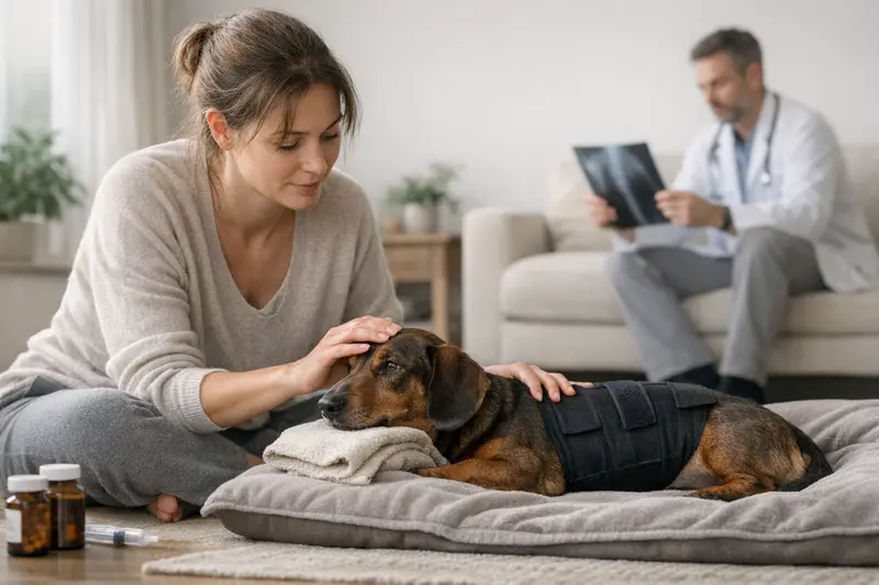 Behandlung von Bandscheibenvorfall beim Hund Ein Hund mit einem Gelenkschutzverband auf einem Tierarzttisch, der behandelt wird.