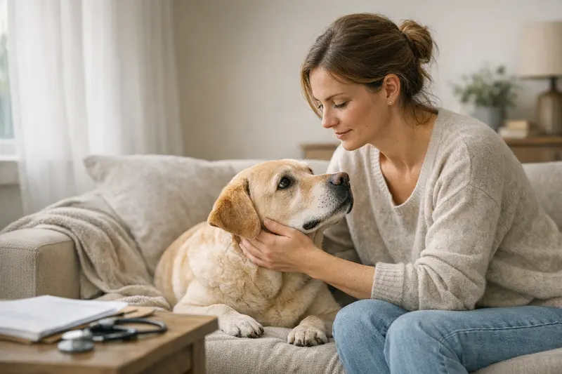 Ein glücklicher Hund mit einem Tierarzt, der wichtige Informationen zu Wartezeiten und Vorerkrankungen der Hundekrankenversicherung bereitstellt.