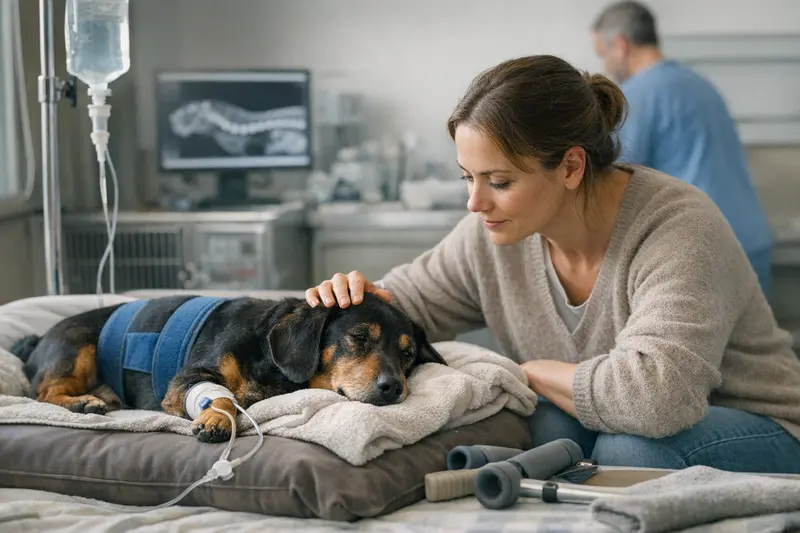 Hundekrankenversicherung - Diagnostik und Behandlungskosten Tierarzt untersucht einen Hund mit Verdacht auf Bandscheibenvorfall.