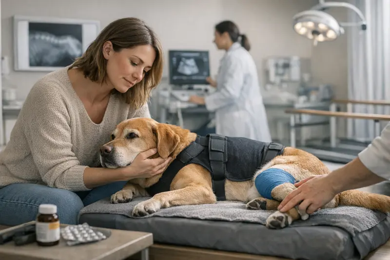 Tierarzt behandelt einen Hund mit verschiedenen medizinischen Geräten, um die wichtigsten Leistungen einer Hundekrankenversicherung zu verdeutlichen.