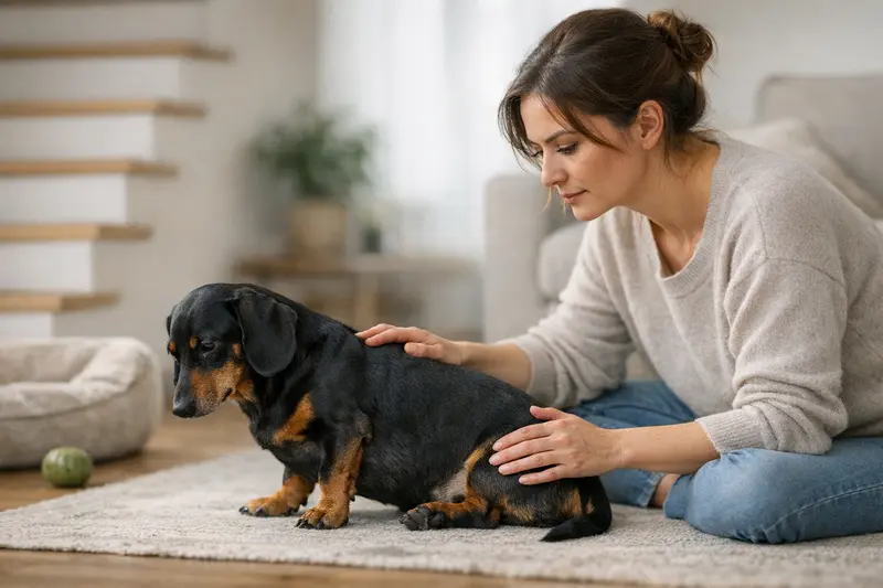 Ein Hund zeigt Anzeichen eines Bandscheibenvorfalls, indem er unruhig wirkt und nicht richtig läuft.