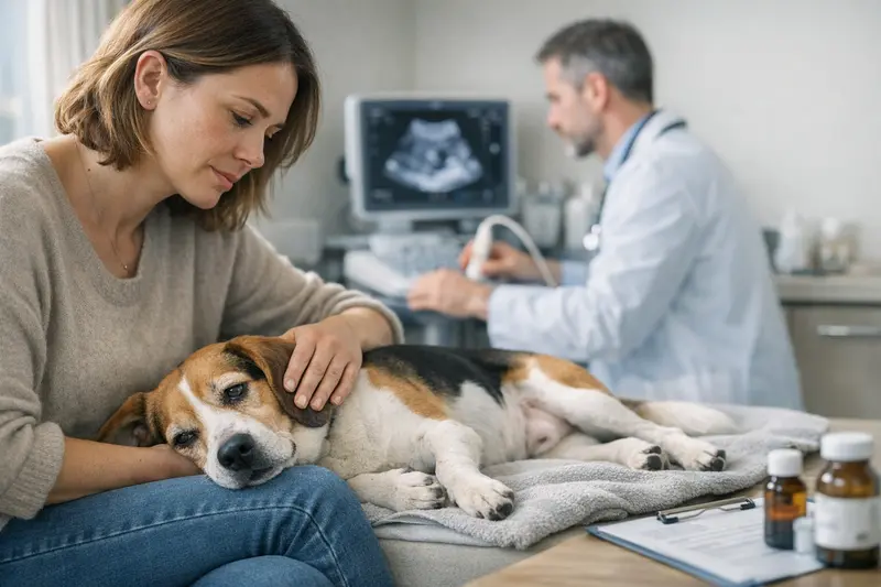 Tierarztbesuch für Hund bei Bauchproblemen Hund beim Tierarzt mit diagnostischen Geräten für Bauchprobleme