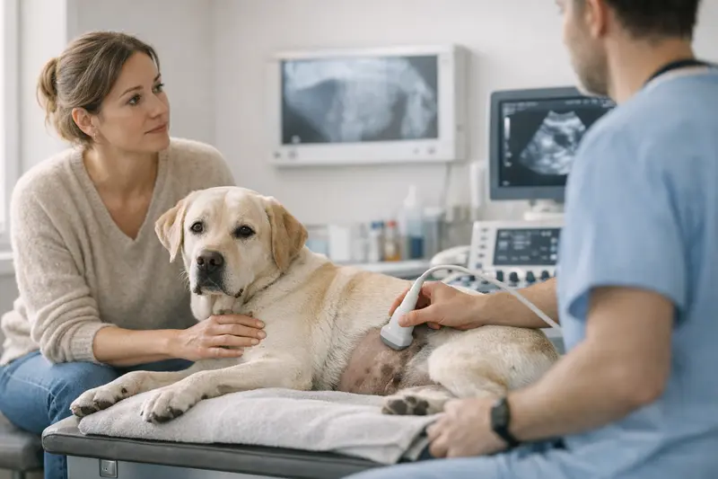 Tierarzt, der einen Hund mit Bauchschmerzen untersucht und Diagnosetests anordnet.