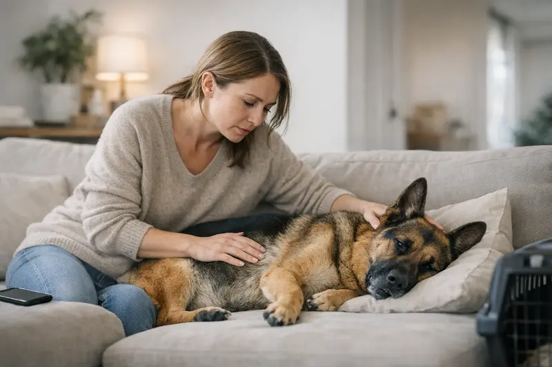 Ein Hund mit Bauchschmerzen, der besorgt aussieht und von einem Tierarzt untersucht wird.