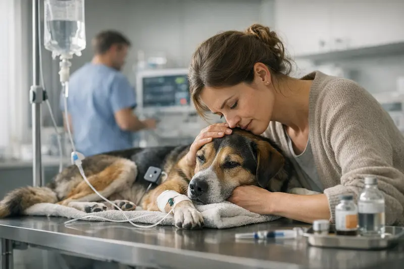 Ein Hund wird in einer Tierklinik behandelt, während eine Pflegekraft die Vitalzeichen überwacht.