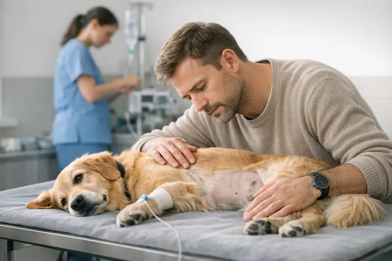Hund beim Tierarzt mit Versicherungspapieren Ein Hund bei einem Tierarzt, der auf seine akuten Bauchschmerzen untersucht wird, während die Versicherungspapiere auf dem Tisch liegen.