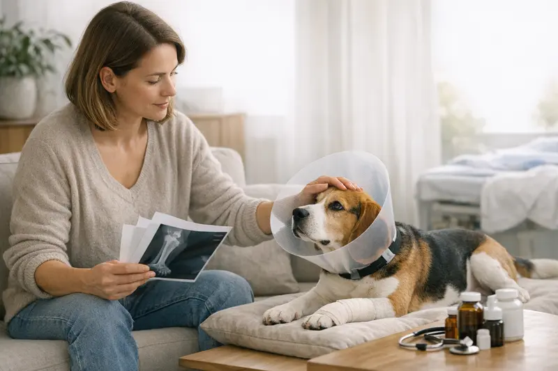 Beagle mit Verband nach einer Operation.