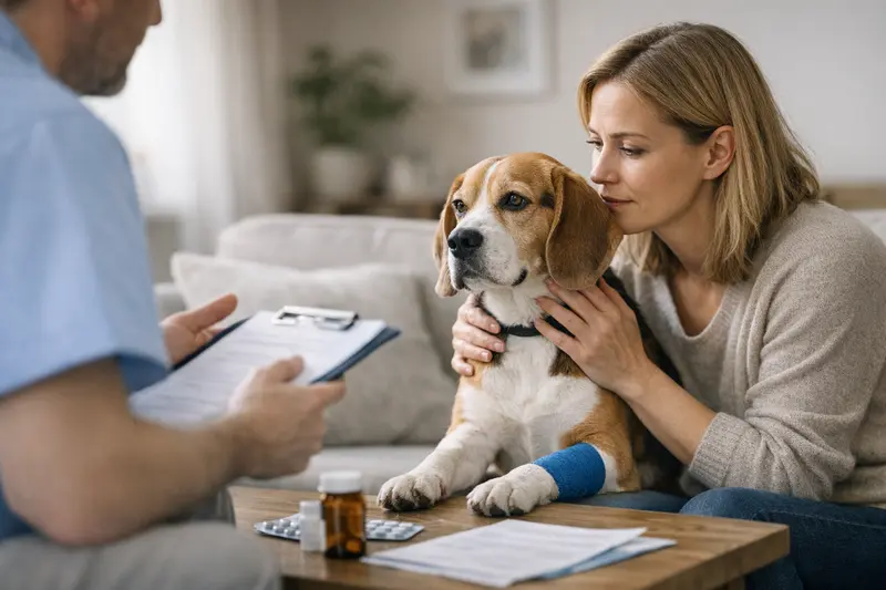 Ein Beagle beim Besuch beim Tierarzt zur Untersuchung von Vorerkrankungen.