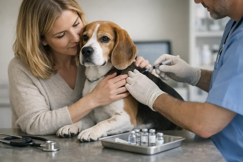 Hund beim Tierarzt für Vorsorgeuntersuchung Ein glücklicher Hund beim Tierarzt, der eine Impfung erhält und sich um seine Gesundheit sorgt.