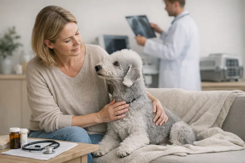 Ein Bedlington Terrier sitzt glücklich im Garten zusammen mit verschiedenen Unterlagen über Hundeversicherungen.