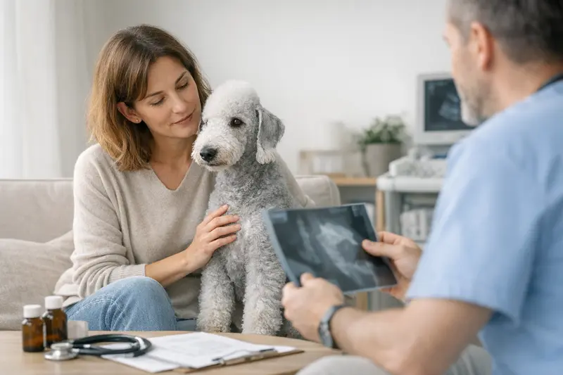 Ein Bedlington Terrier sitzt im Wartezimmer einer Tierarztpraxis und wartet auf eine Untersuchung.
