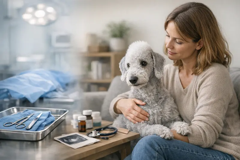 Bedlington Terrier im Tierarztbesuch zur Beratung über OP- und Krankenversicherungen.
