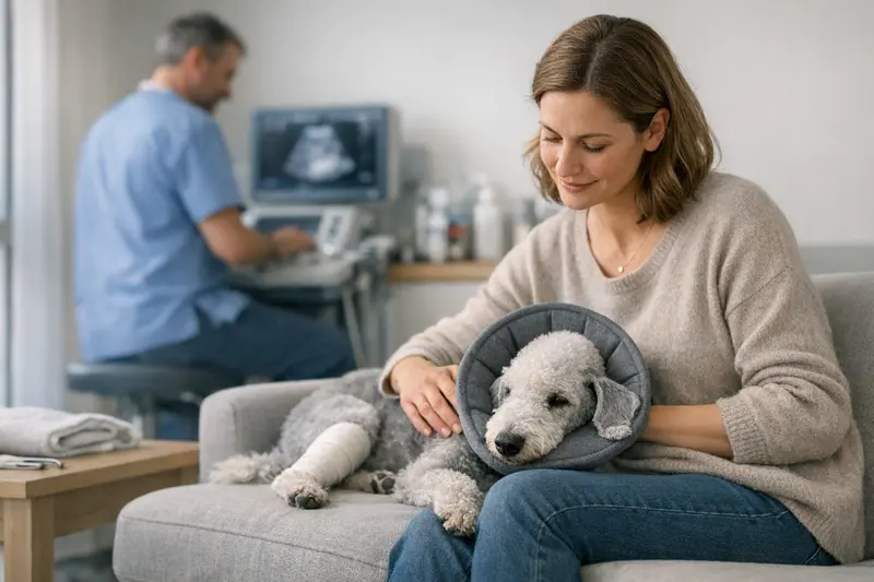 Tierarztdialog zur OP-Versicherung bei Hunden Eine Tierärztin berät einen Hundebesitzer über die Übernahme von Voruntersuchungen und Nachsorge durch eine OP-Versicherung.