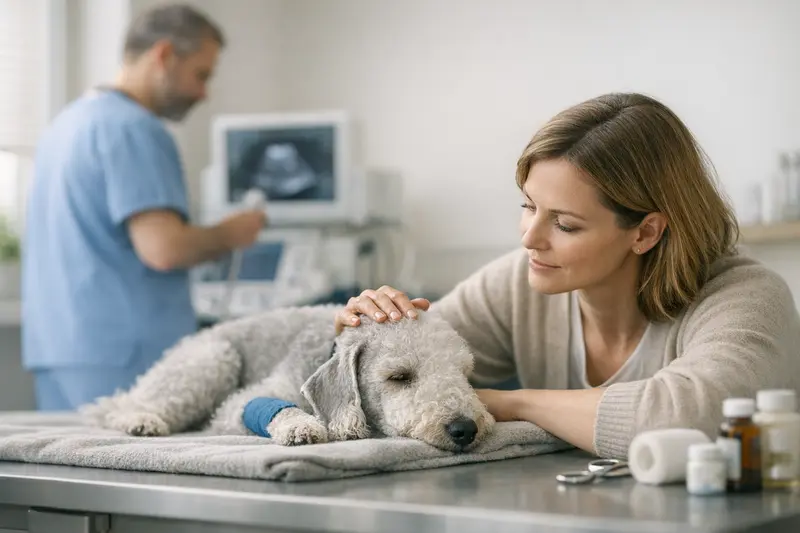 Ein Hund wird von einem Tierarzt untersucht, um die Kosten für eine OP-Versicherung zu klären.