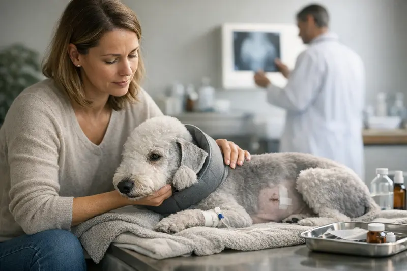 Tierärztliche Untersuchung für Hunde Ein Hund wird tierärztlich untersucht, während eine OP-Versicherung in Erwägung gezogen wird.