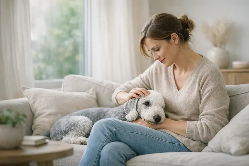 Vorteile einer frühen Hundeversicherung Ein gesunder Bedlington Terrier beim Spielen im Garten, symbolisiert die Wichtigkeit einer frühen Hundeversicherung.