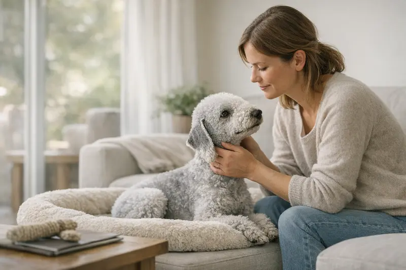 Frühzeitige Hundeversicherung Vorteile Ein glücklicher Bedlington Terrier erfreut sich an einem aktiven Ausblick, symbolisierend wie wichtig eine frühzeitige Hundeversicherung ist.
