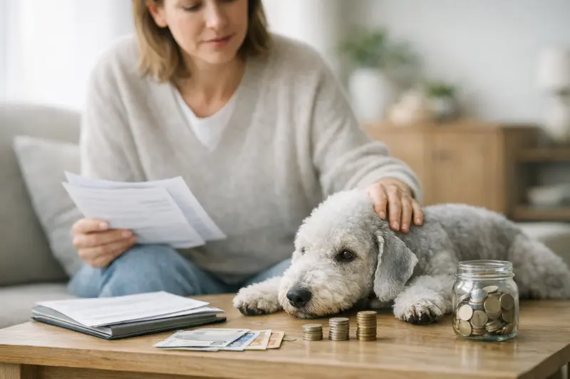 Einfluss der Selbstbeteiligung auf Hundekrankenversicherungskosten Ein Hund beim Tierarzt, der eine Rechnung erhält, symbolisiert die Auswirkungen einer Selbstbeteiligung auf die Gesundheitskosten.