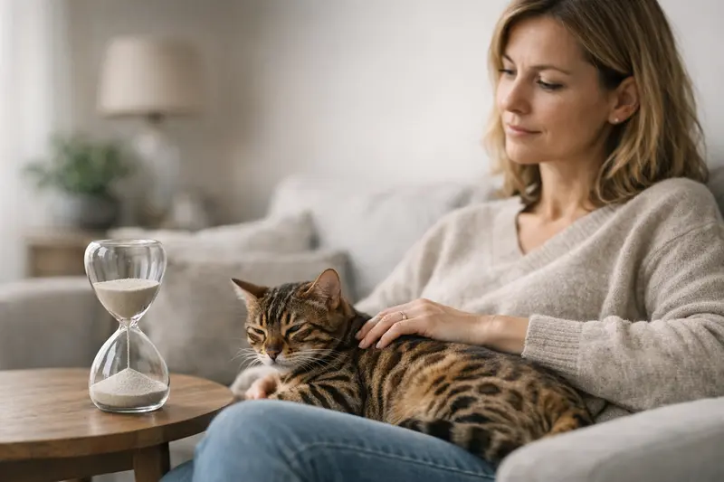 Wartezeiten bei Katzenversicherungen Eine entspannte Bengal-Katze liegt auf einem Sofa und genießt die Ruhe, während eine Tierärztin sich um ihre Gesundheit kümmert.