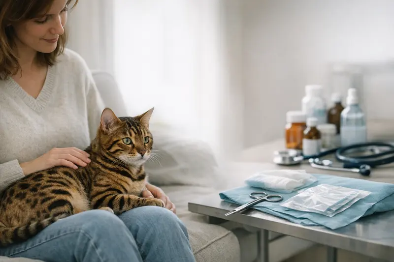Eine Bengalkatze, die in einer Tierarztpraxis untersucht wird, symbolisiert die Wahl zwischen OP- und Krankenversicherung.