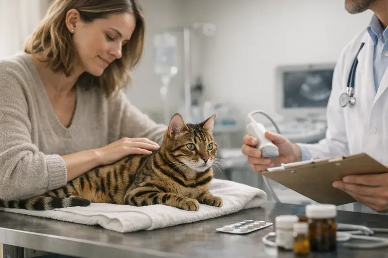 Eine glückliche Katze beim Tierarzt, die untersucht wird, um die ärztlichen Kosten der Katzenversicherung zu verdeutlichen.