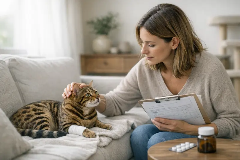 Katzenversicherung und Vorerkrankungen Eine gesunde Katze untersucht von einem Tierarzt, der die Bedeutung von Vorerkrankungen bei der Katzenversicherung erläutert.