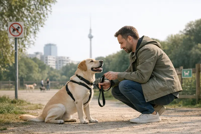 Leinenpflicht für Hunde in Berlin Hundehalter mit angeleintem Hund im Berliner Stadtpark