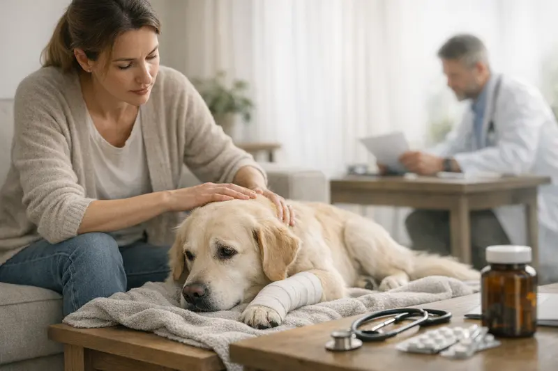 Hund beim Tierarzt Ein Hund erhält tierärztliche Behandlung nach einem Unfall.