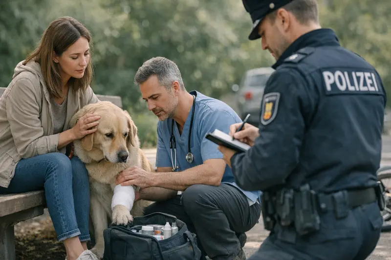Hund an der Leine im Stadtpark Ein Hund an der Leine beim Spaziergang in einem Stadtpark, der sicher geführt wird.
