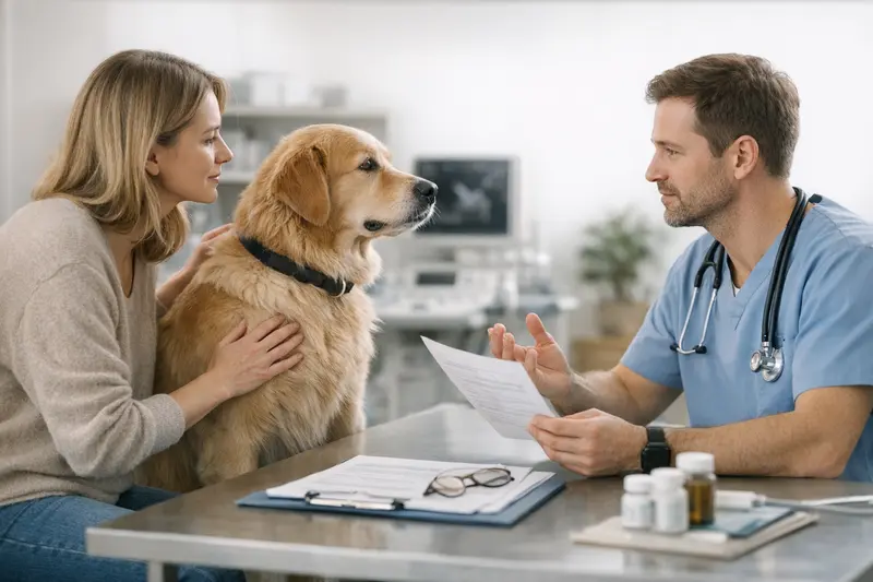 Hund beim Tierarzt mit Vorsorgeuntersuchung Hund beim Tierarzt, der eine Vorsorgeuntersuchung erhält