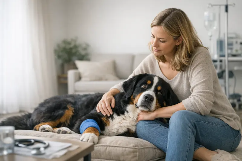 Wartezeiten in der Hundekrankenversicherung Ein berner Sennenhund beim Tierarzt, der auf eine Behandlung wartet.