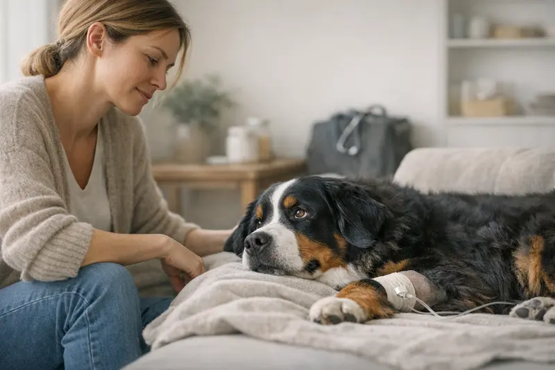 Berner Sennenhund mit Tierarzt Berner Sennenhund beim Tierarzt, um eine OP-Versicherung zu prüfen