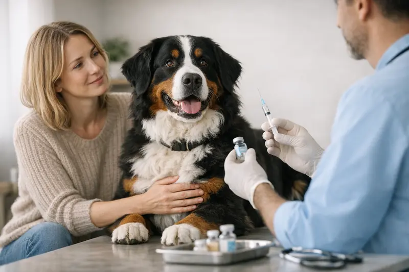 Hund mit Tierarzt beim Impfen Hund erhält eine Impfung beim Tierarzt zur Vorsorge.