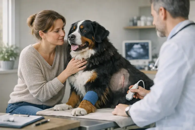 Ein Berner Sennenhund während einer Voruntersuchung beim Tierarzt.