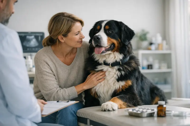 Wichtige Tarifpunkte für große Hunde Berner Sennenhund bei einem Tierarzt mit Fokus auf wichtige Tarifpunkte der Hundekrankenversicherung.