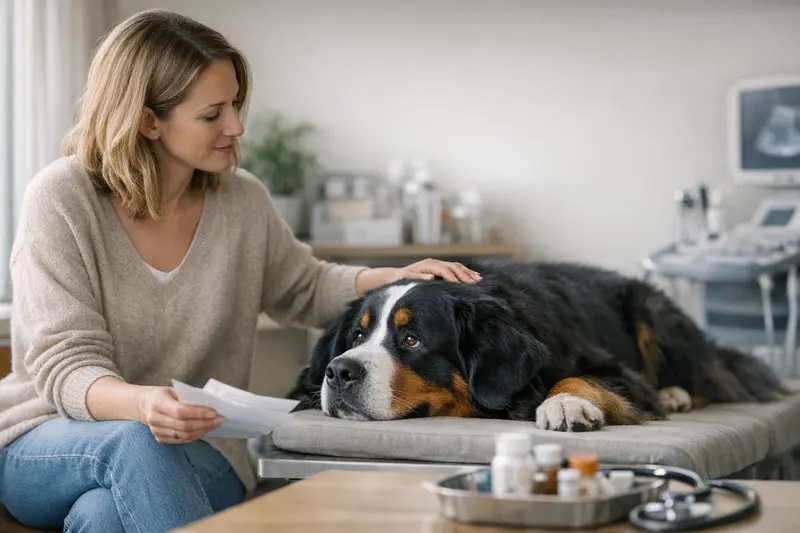 Ein großer Hund wird beim Tierarzt untersucht, um die wichtigsten Tarifpunkte für Hundeversicherungen zu verstehen.
