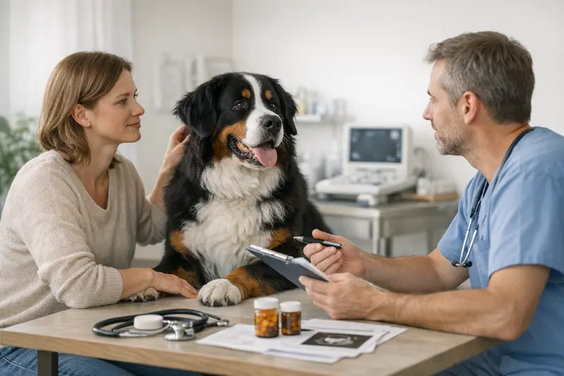 Hundehalter vergleicht verschiedene Hundekrankenversicherungen am Laptop.
