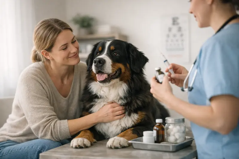 Hund beim Tierarzt für Vorsorgeuntersuchung Eine Berner Sennenhündin beim Tierarzt, die eine Vorsorgeuntersuchung erhält.