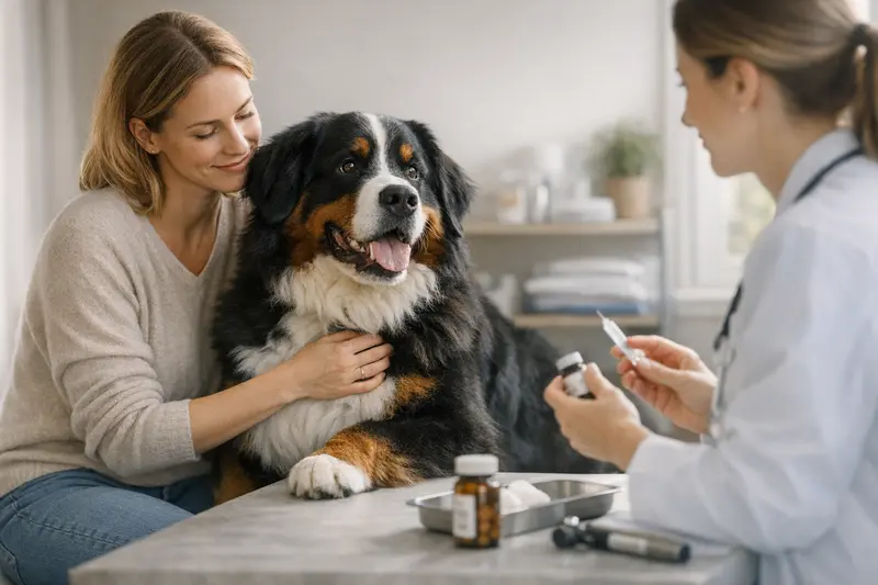 Hundekrankenversicherung und Vorsorge Berner Sennenhund beim Tierarzt für Vorsorgeuntersuchung