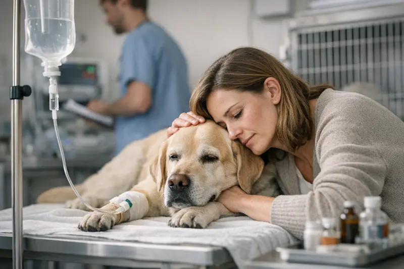 Tierarzt untersucht Hund mit akuten Beschwerden, Tierarztkosten im Fokus