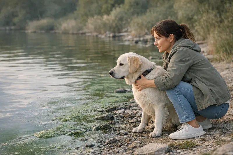 Hund am Wasser mit grünem Belag Ein Hund am Wasser mit grünem Belag, der gefährlich sein könnte.