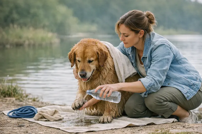 Hund, der nach Kontakt mit Blaualgen sofort kontrolliert wird.