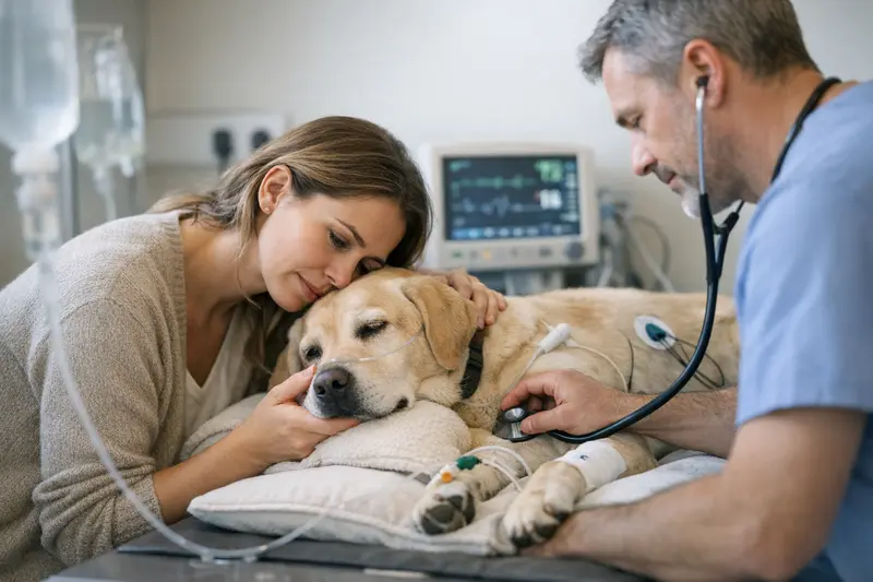 Notfallbehandlung beim Tierarzt Ein Hund beim Tierarzt erhält eine schnelle Notfallbehandlung.